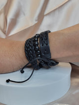 Black Braided Leather Bracelet Set – Adjustable Unisex Boho Wristbands