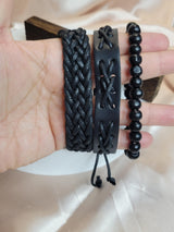 Black Braided Leather Bracelet Set – Adjustable Unisex Boho Wristbands