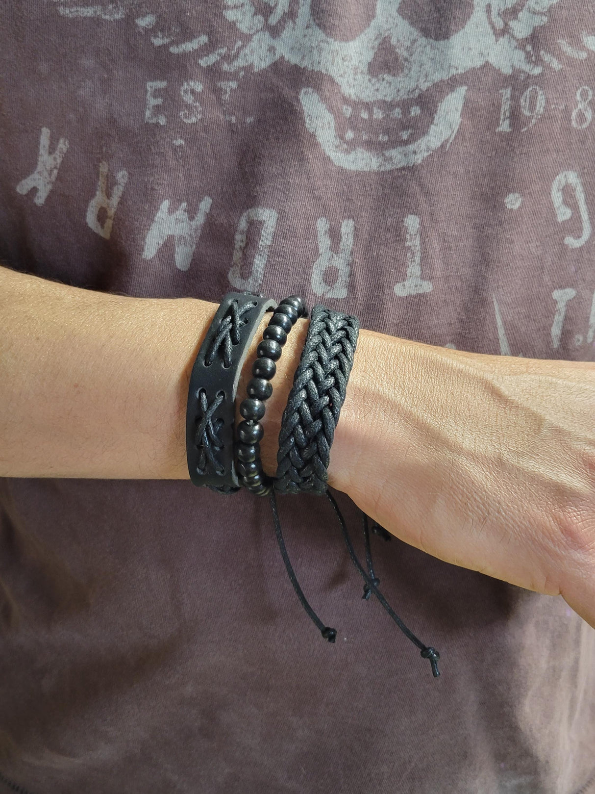 Black Braided Leather Bracelet Set – Adjustable Unisex Boho Wristbands