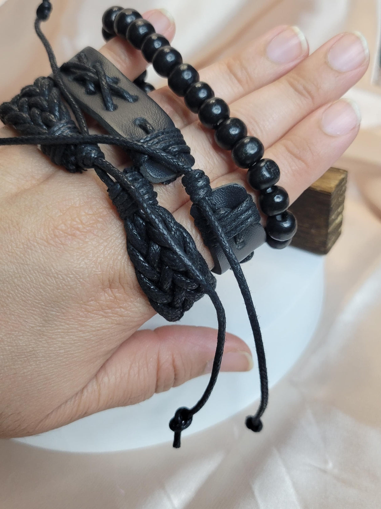Black Braided Leather Bracelet Set – Adjustable Unisex Boho Wristbands