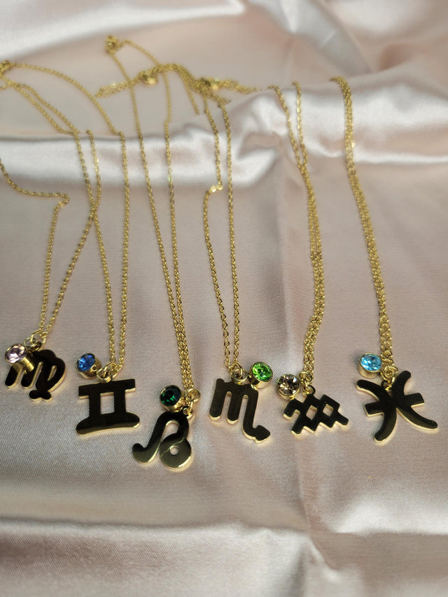 Zodiac Sign Necklace Gold – Astrology Pendant Necklace with Birthstone Charm – Horoscope Jewelry