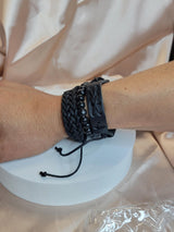 Black Braided Leather Bracelet Set – Adjustable Unisex Boho Wristbands