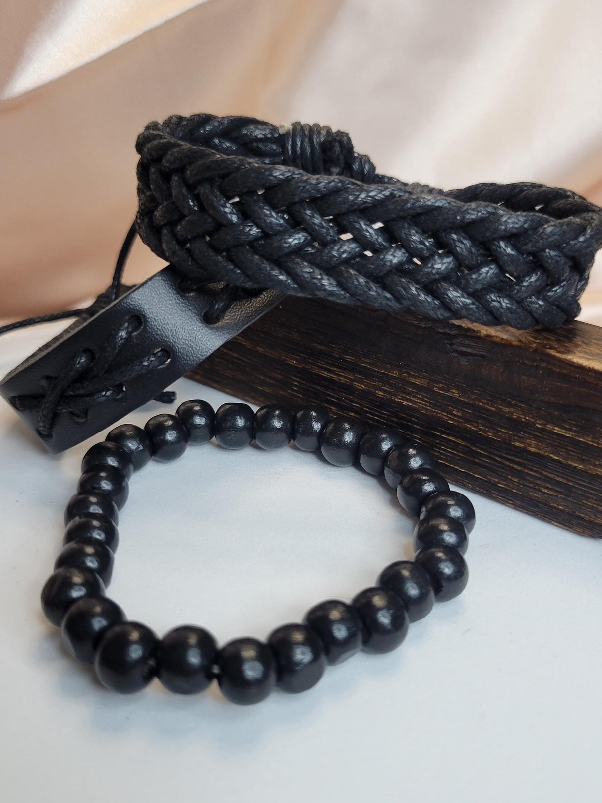 Black Braided Leather Bracelet Set – Adjustable Unisex Boho Wristbands