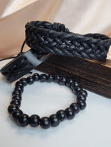 Black Braided Leather Bracelet Set – Adjustable Unisex Boho Wristbands
