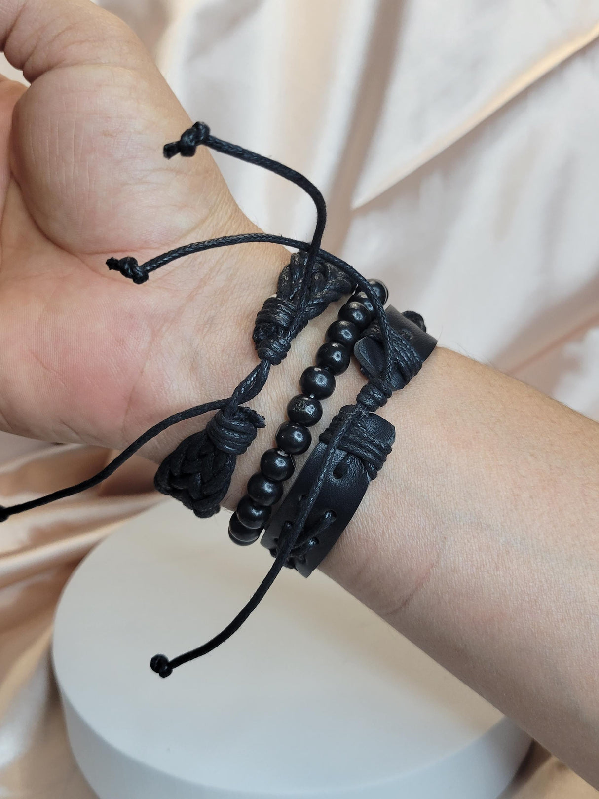 Black Braided Leather Bracelet Set – Adjustable Unisex Boho Wristbands