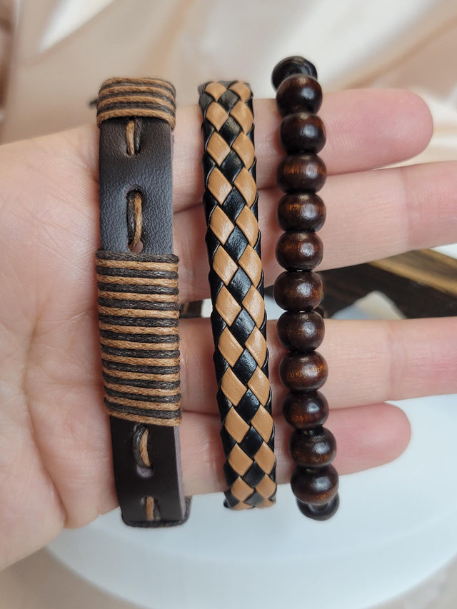 Boho Brown Leather Bracelet Stack – Adjustable Unisex Wristband Set