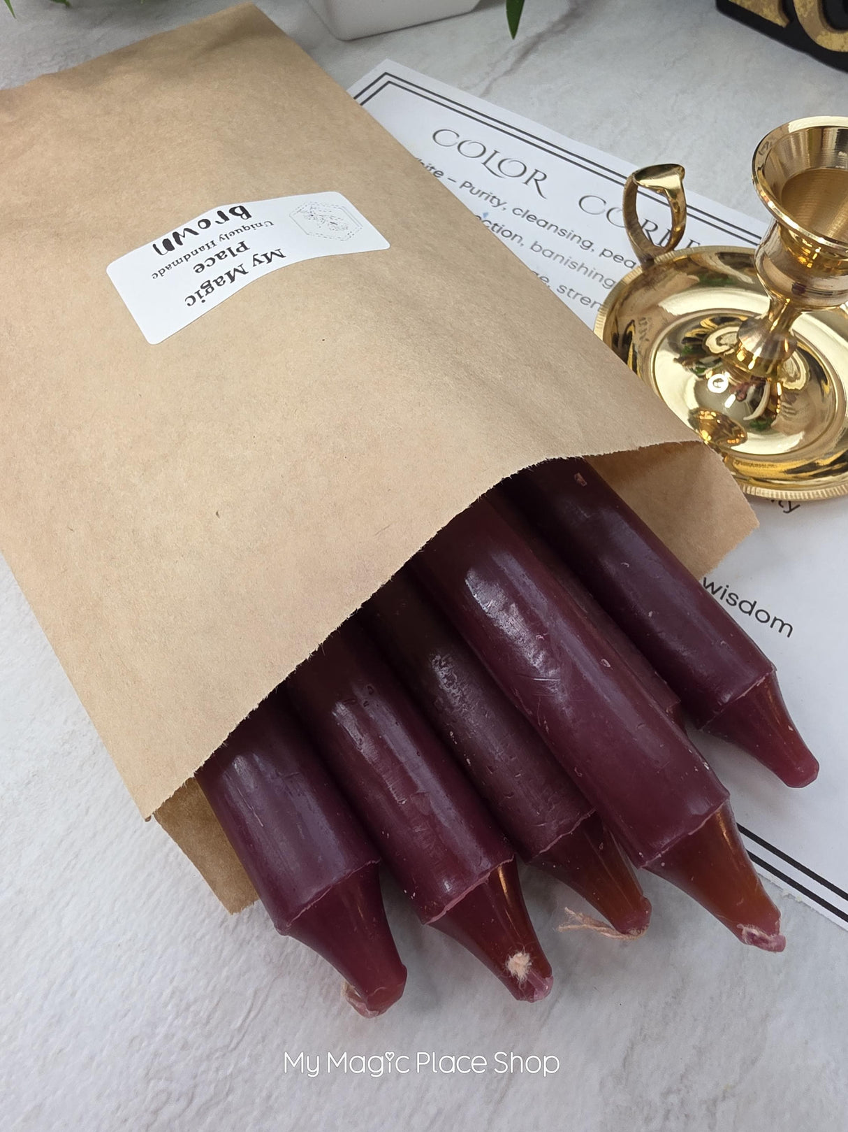 Brown Colored Taper Candles Set with Candle Holder, Color Guide, Altar Decor, Meditation Gift