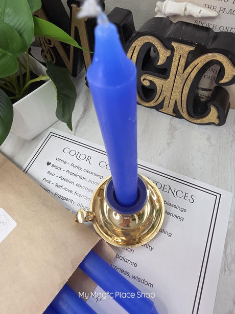 Blue Colored Taper Candles Set with Candle Holder, Color Guide, Altar Decor, Meditation Gift