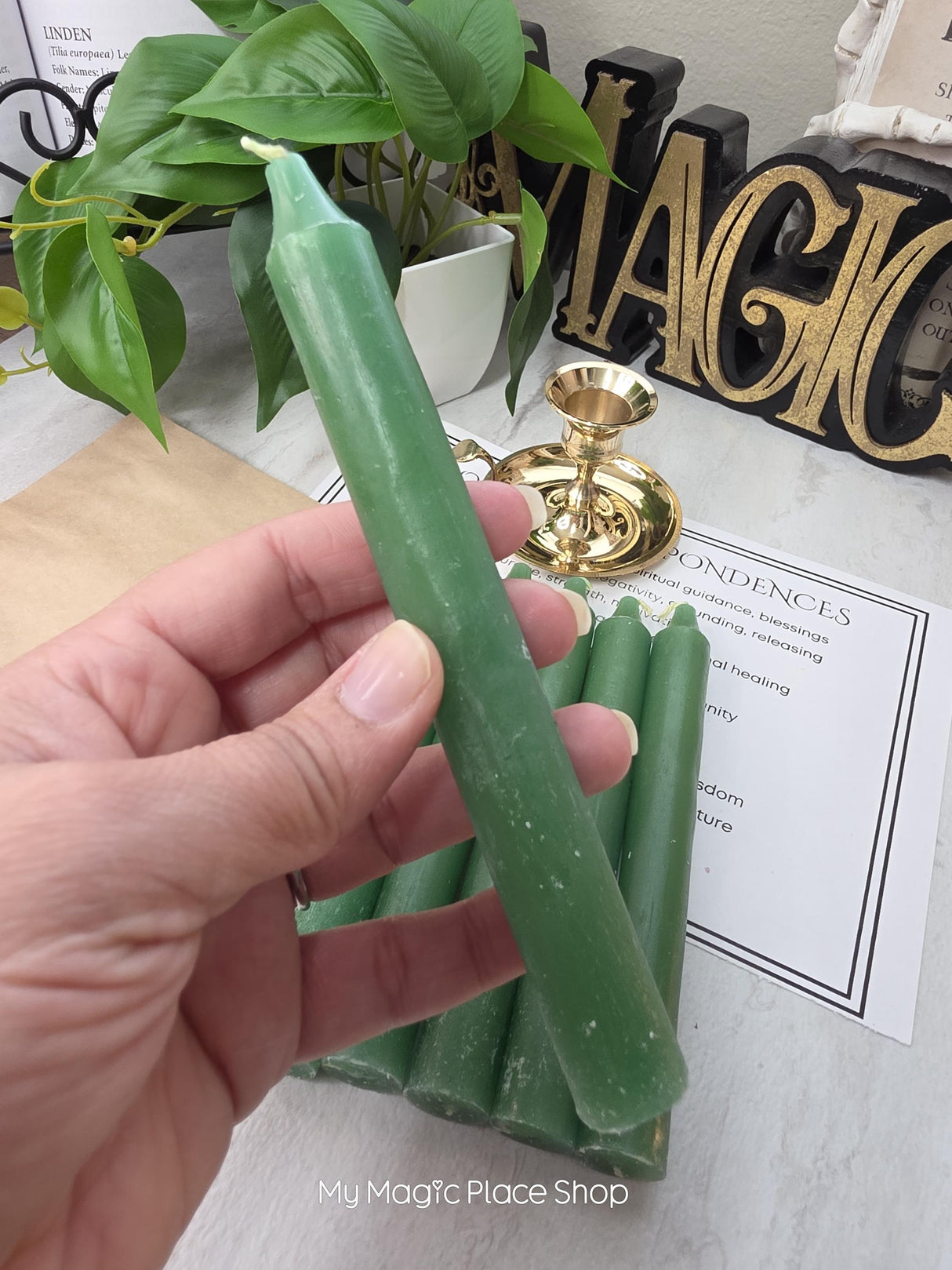Green Colored Taper Candles Set with Candle Holder, Color Guide, Altar Decor, Meditation Gift