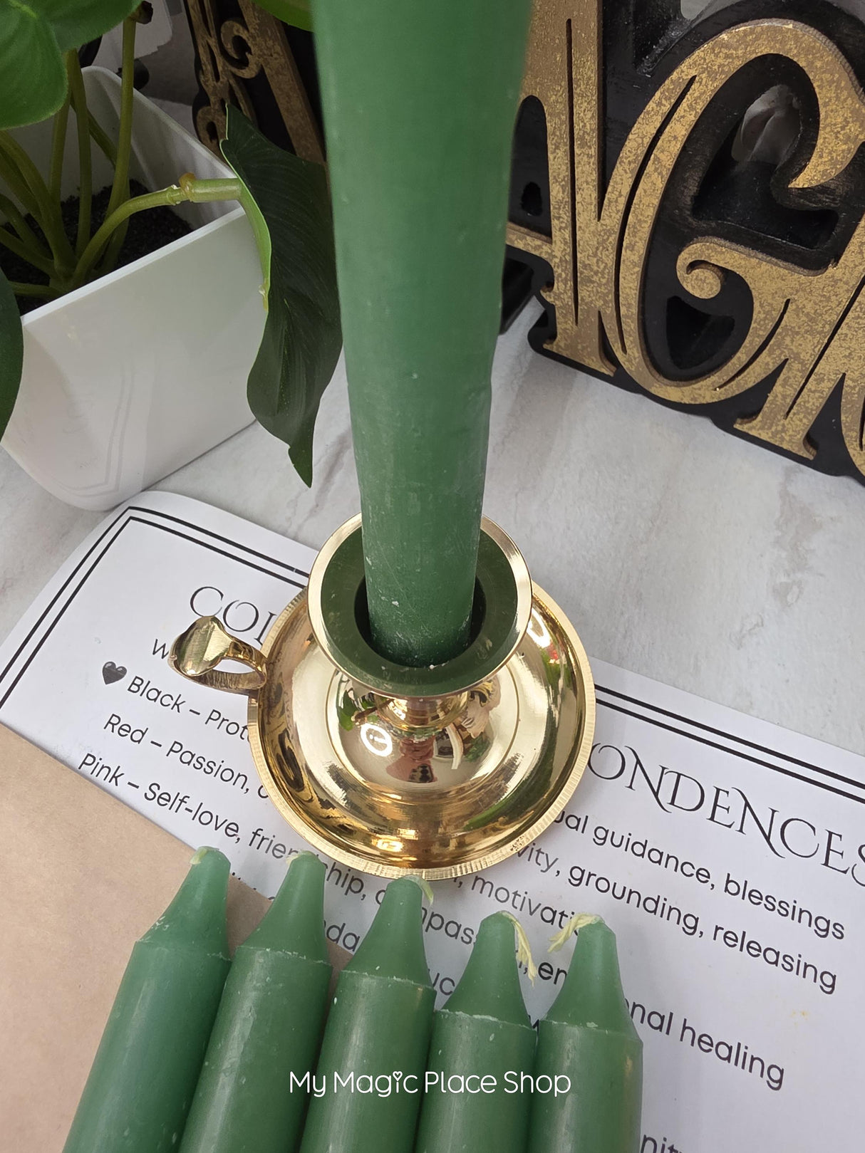 Green Colored Taper Candles Set with Candle Holder, Color Guide, Altar Decor, Meditation Gift