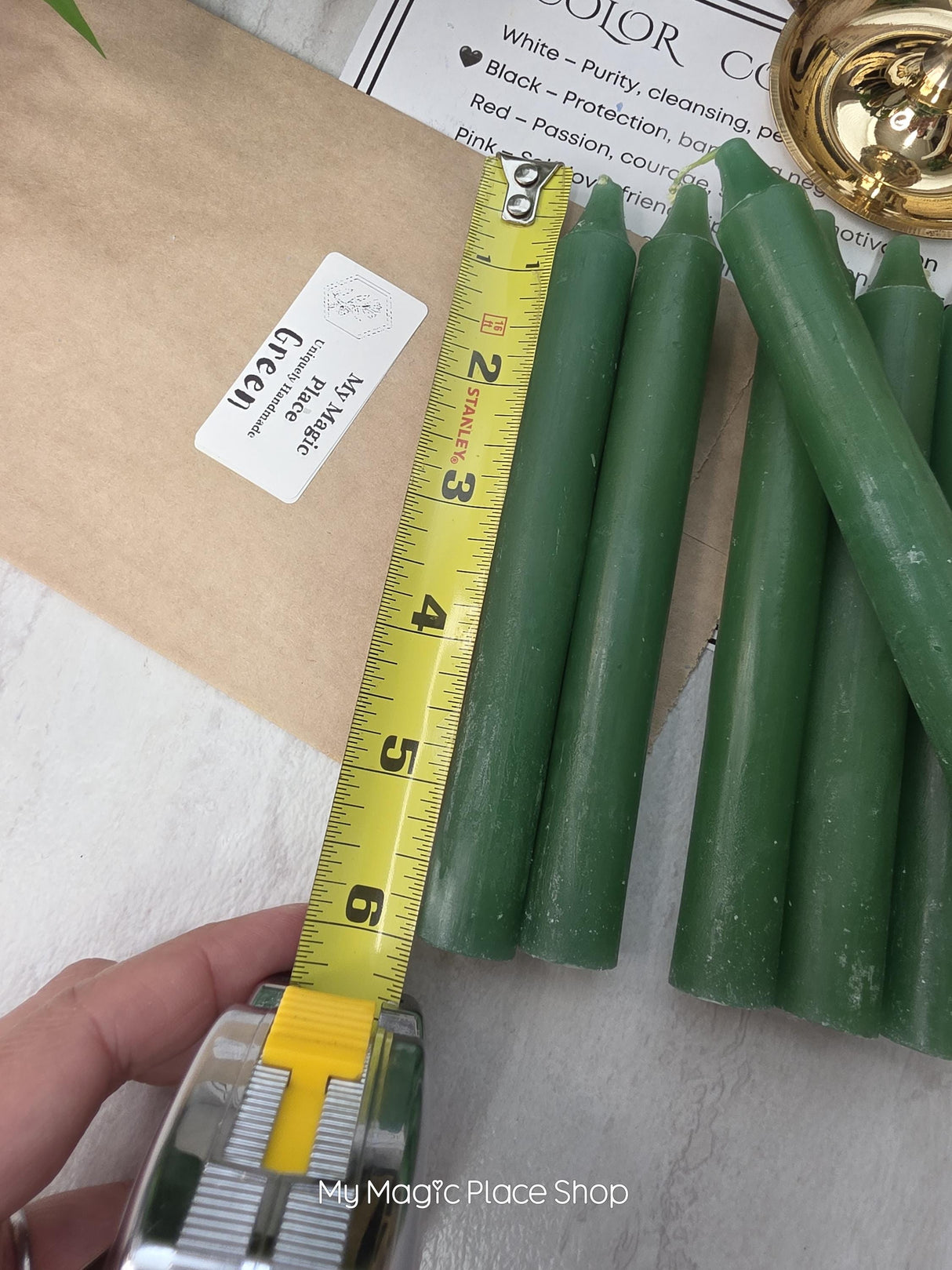 Green Colored Taper Candles Set with Candle Holder, Color Guide, Altar Decor, Meditation Gift
