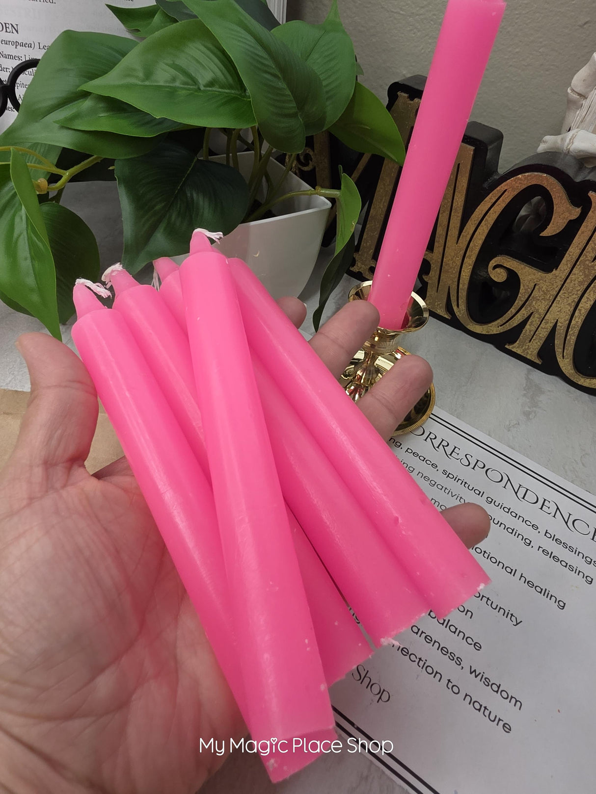 Pink Colored Taper Candles Set with Candle Holder, Color Guide, Altar Decor, Meditation Gift
