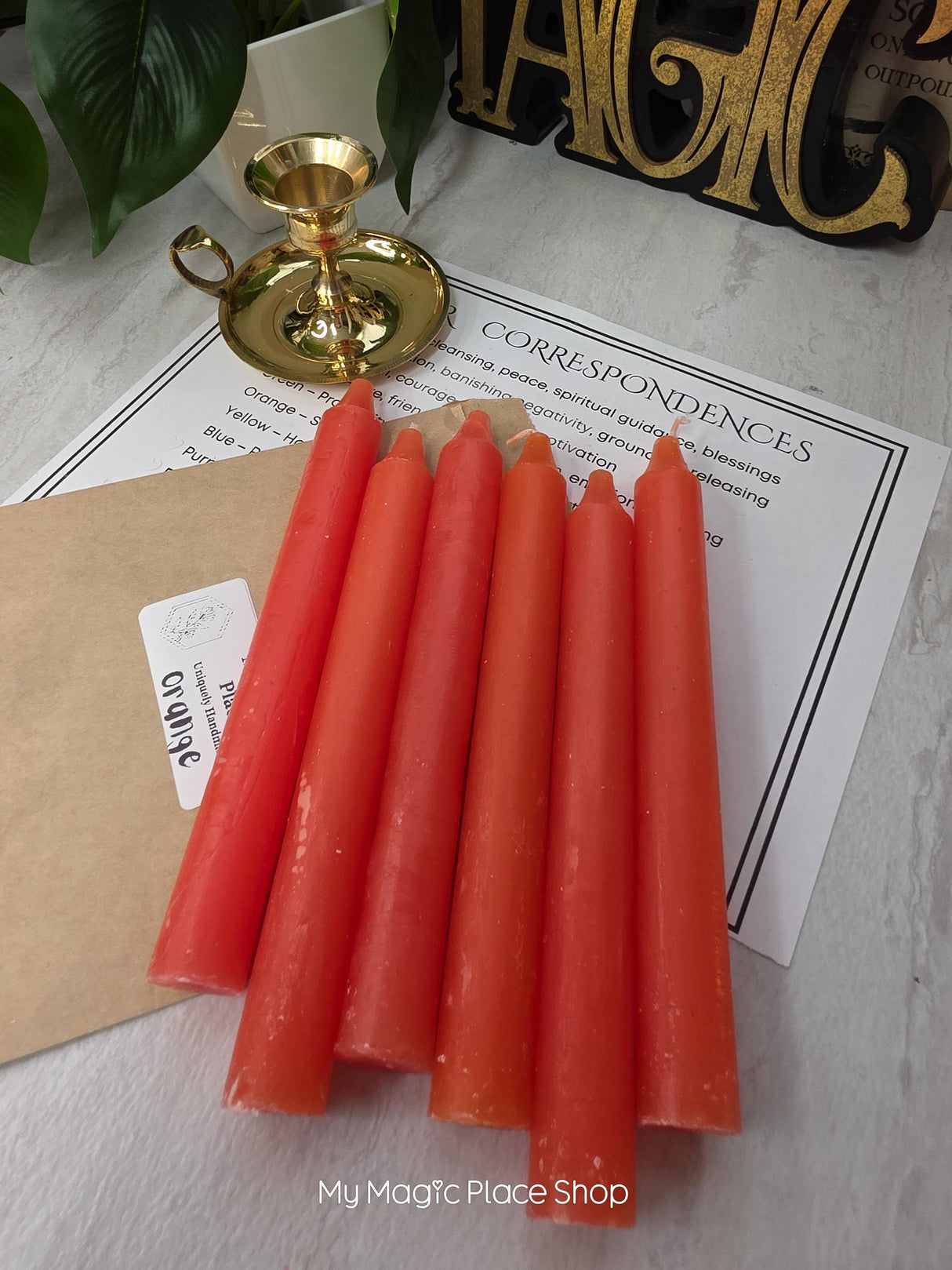 Orange Colored Taper Candles Set with Candle Holder, Color Guide, Altar Decor, Meditation Gift