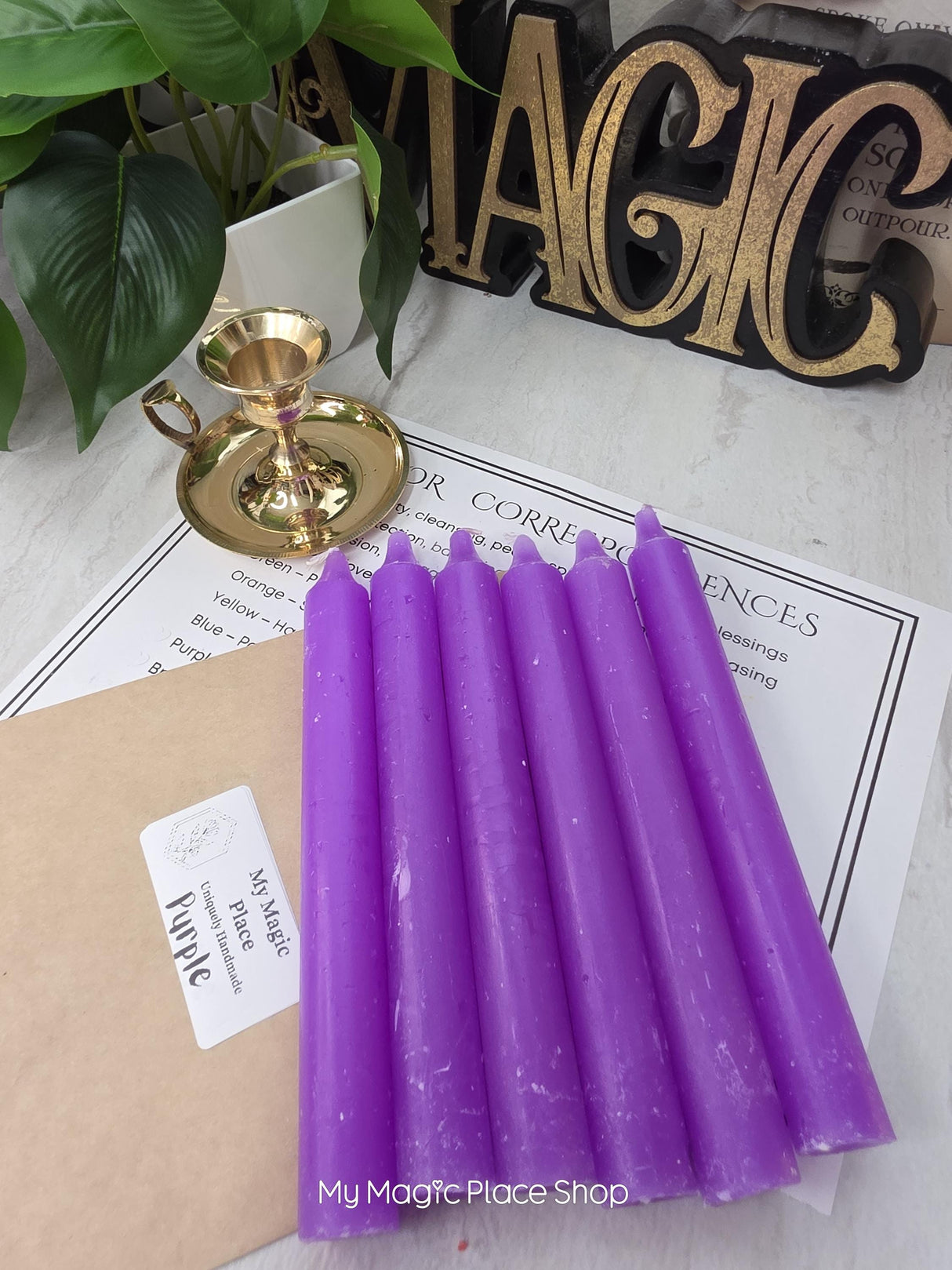 Purple Colored Taper Candles Set with Candle Holder, Color Guide, Altar Decor, Meditation Gift