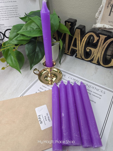 Purple Colored Taper Candles Set with Candle Holder, Color Guide, Altar Decor, Meditation Gift