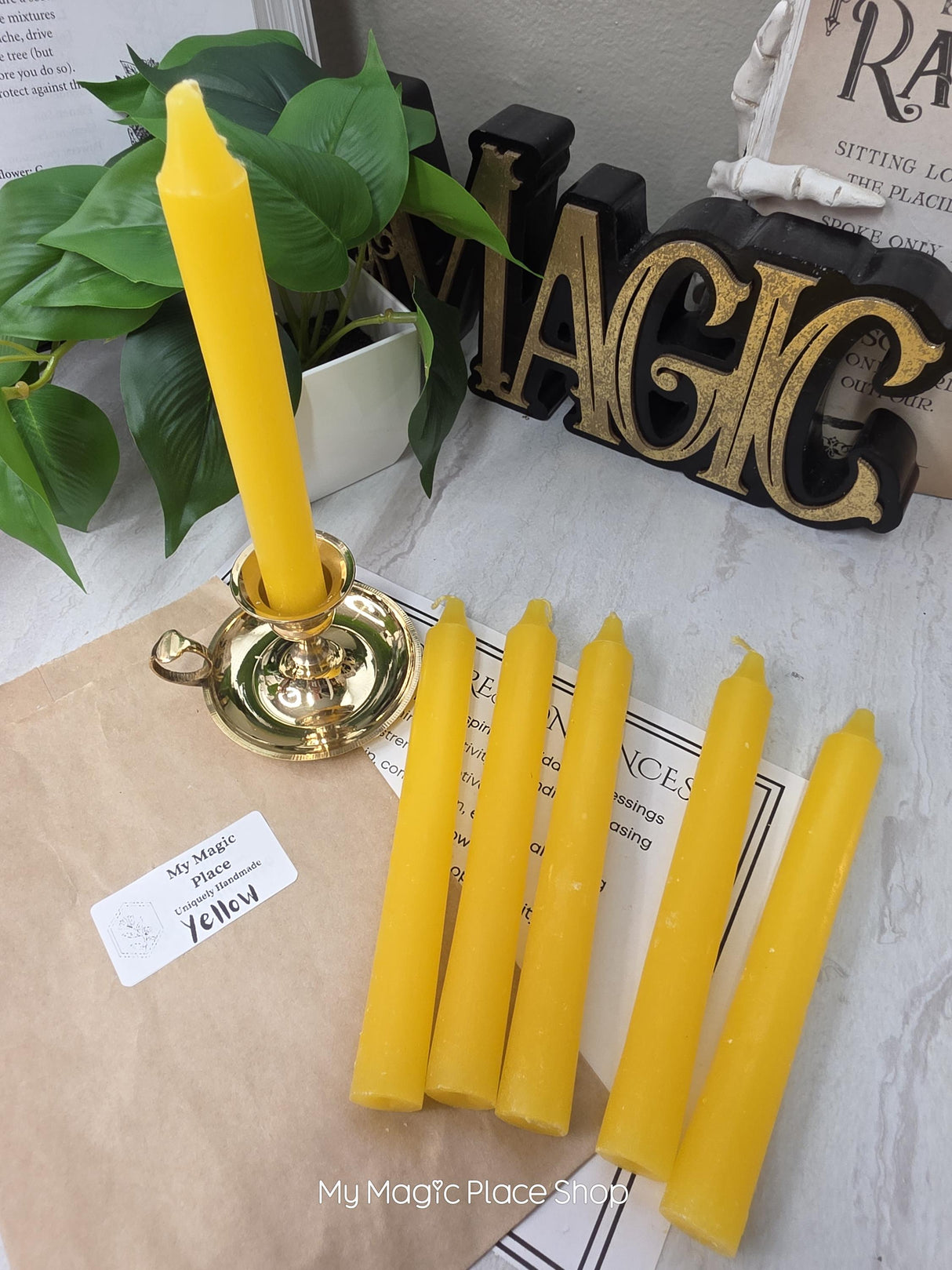 Yellow Colored Taper Candles Set with Candle Holder, Color Guide, Altar Decor, Meditation Gift