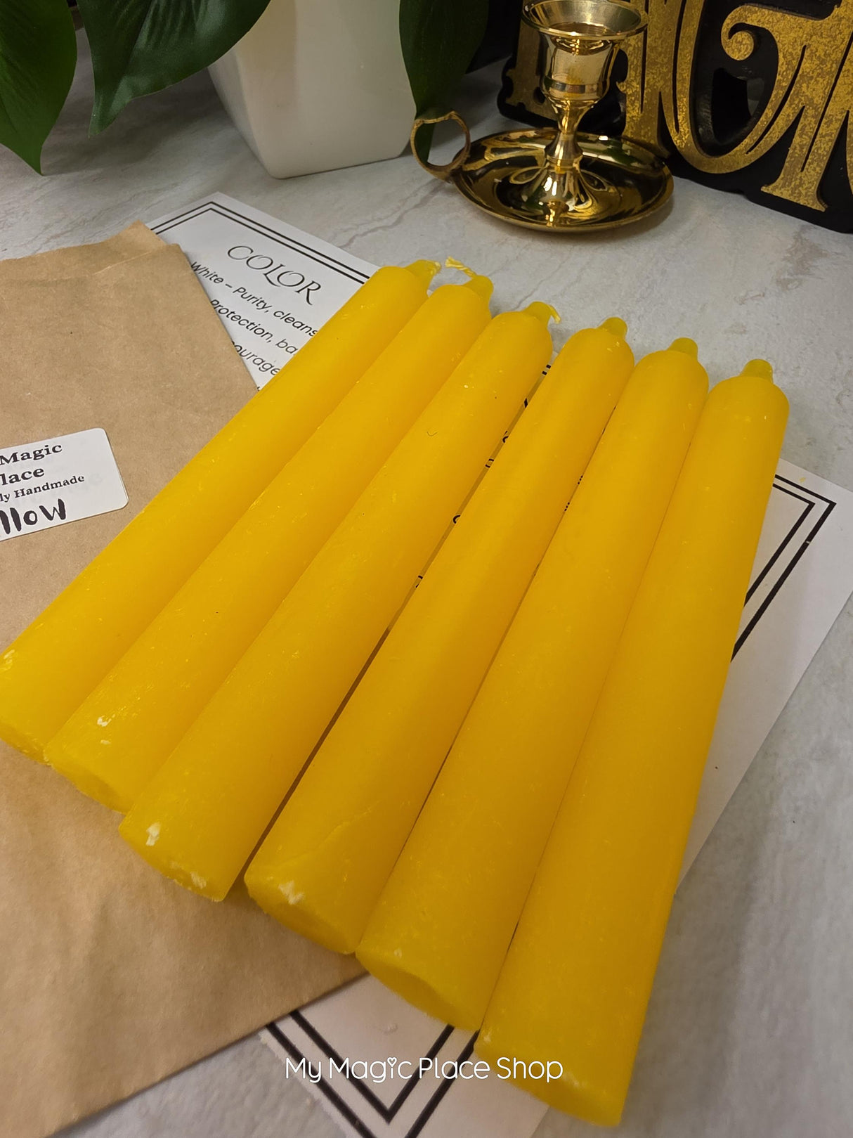 Yellow Colored Taper Candles Set with Candle Holder, Color Guide, Altar Decor, Meditation Gift