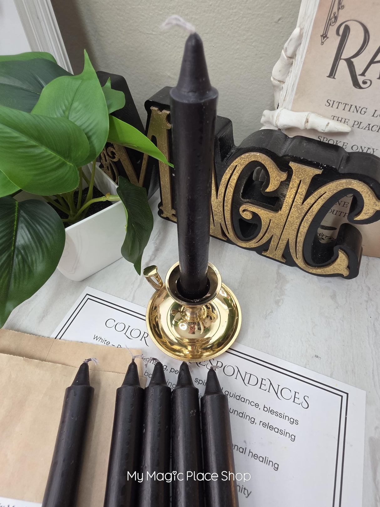 Black Colored Taper Candles Set with Candle Holder, Color Guide, Altar Decor, Meditation Gift