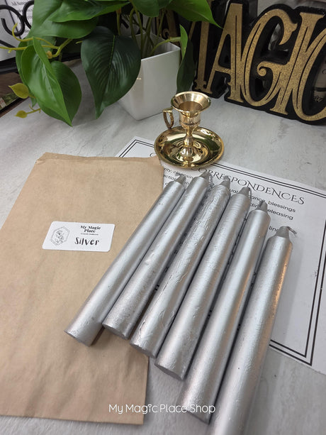 Silver Colored Taper Candles Set with Candle Holder, Color Guide, Altar Decor, Meditation Gift