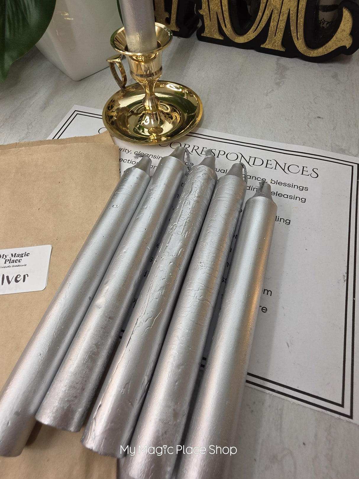 Silver Colored Taper Candles Set with Candle Holder, Color Guide, Altar Decor, Meditation Gift