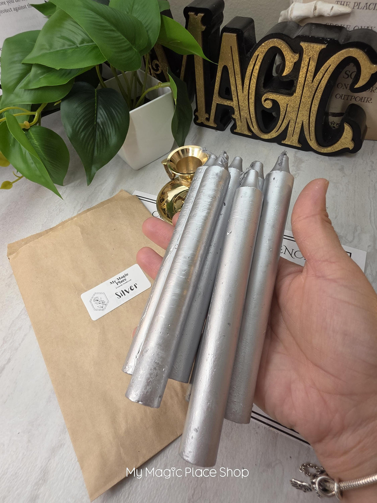 Silver Colored Taper Candles Set with Candle Holder, Color Guide, Altar Decor, Meditation Gift