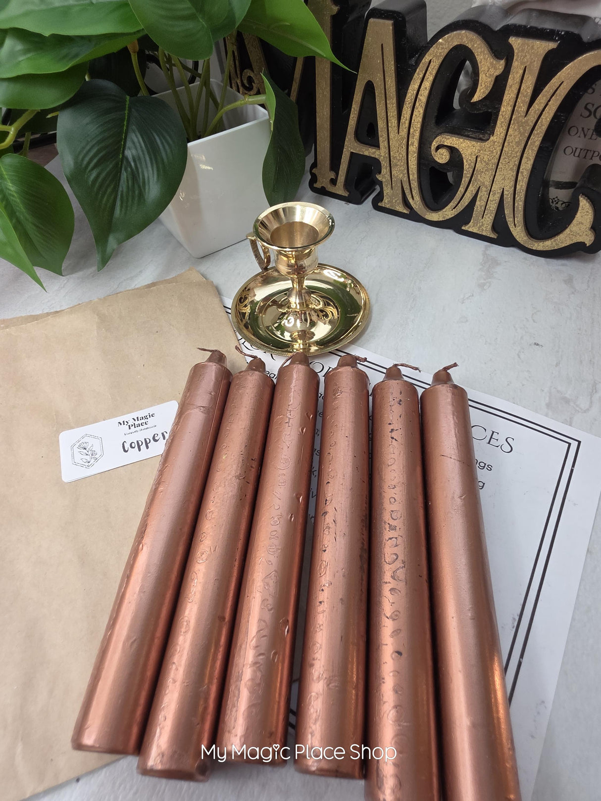 Copper Colored Taper Candles Set with Candle Holder, Color Guide, Altar Decor, Meditation Gift
