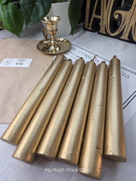 Gold Colored Taper Candles Set with Candle Holder, Color Guide, Altar Decor, Meditation Gift