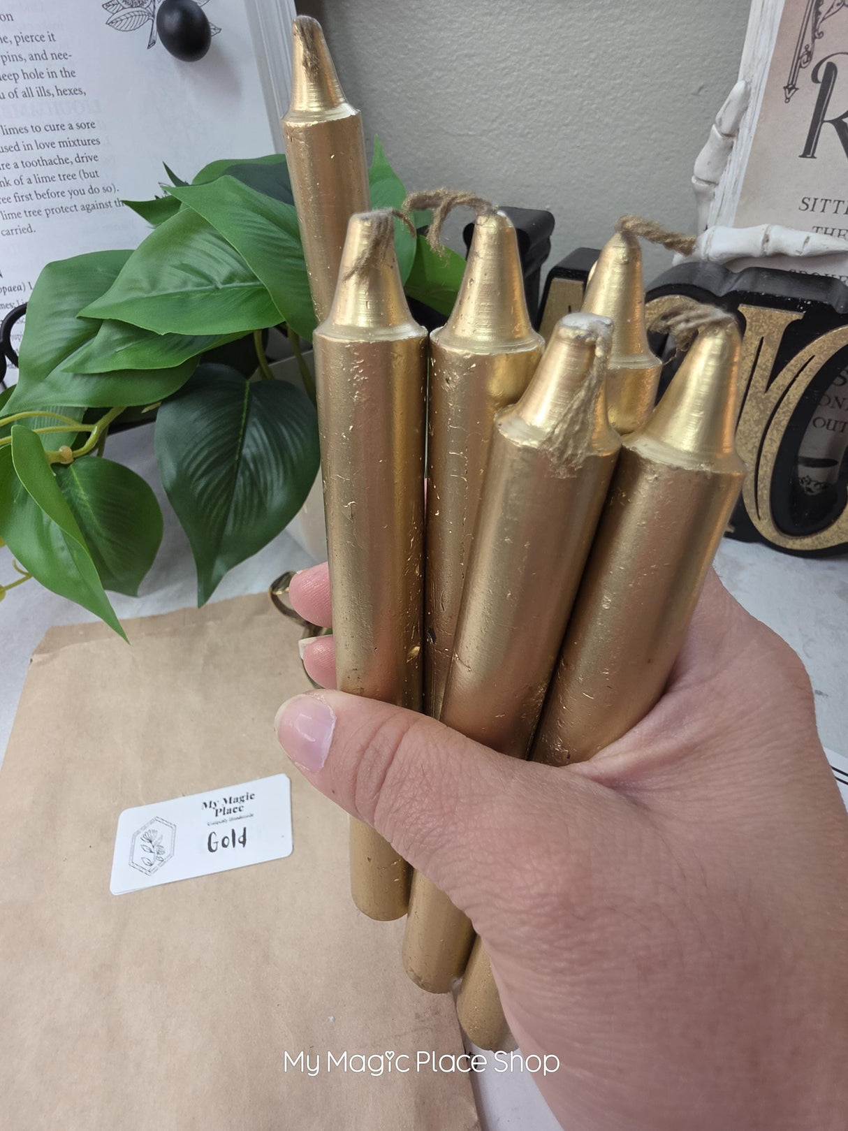 Gold Colored Taper Candles Set with Candle Holder, Color Guide, Altar Decor, Meditation Gift