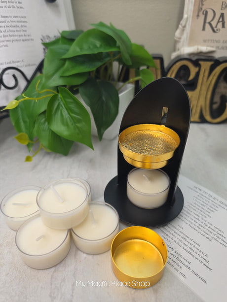 Black Adjustable Brass Candle Burner Kit | Includes 6 Handmade Soy Tea Lights & Instructions Set