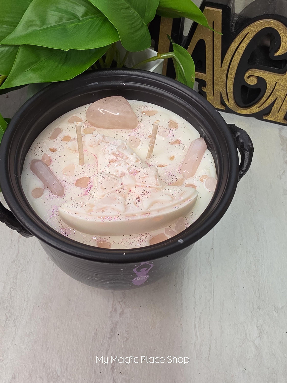 Rose Quartz Cauldron Candle | Handmade Soy Wax | Double Wick Decorative | Witchy Home Decor