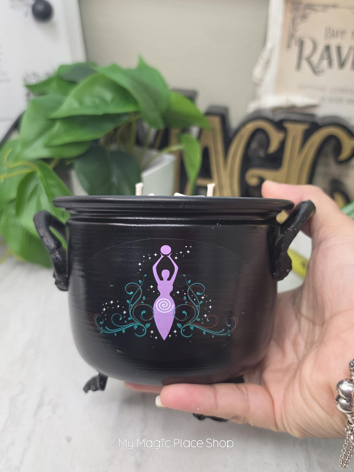 Rose Quartz Cauldron Candle | Handmade Soy Wax | Double Wick Decorative | Witchy Home Decor