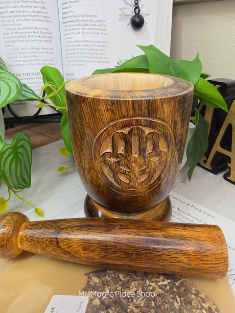 Hamsa Wood Mortar & Pestle Kit Dried Herb | Herbal Set | Witchcraft Altar | Herbs | Ritual Supplies