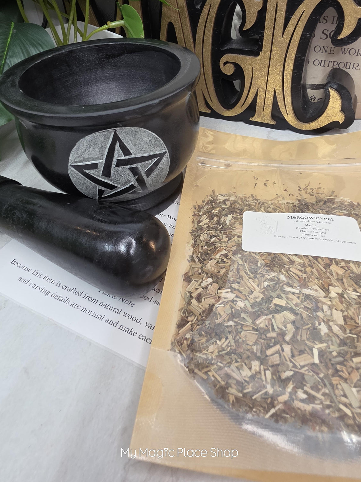 Pentacle Soapstone Mortar and Pestle Kit | Herb of Choice Included | Witchcraft | Herbal Altar Tool