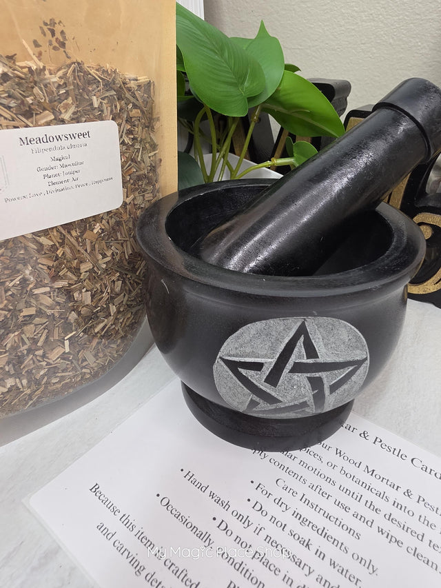 Pentacle Soapstone Mortar and Pestle Kit | Herb of Choice Included | Witchcraft | Herbal Altar Tool
