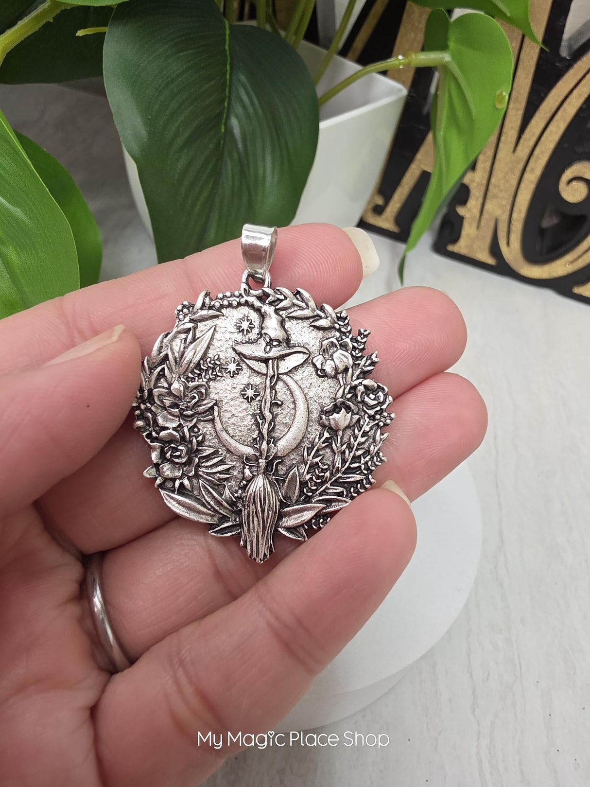 Witch Broom Moon Pendant Charm | Silver Witch Pendant | DIY Jewelry Making Supply | Pagan Charm | Crescent Moon Charm | Qty 1