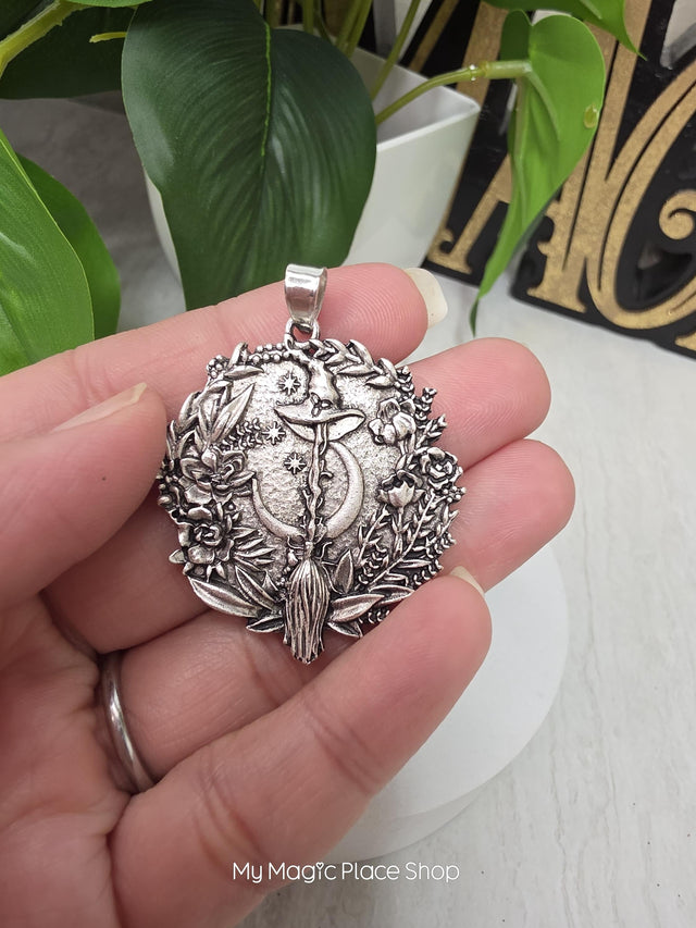 Witch Broom Moon Pendant Charm | Silver Witch Pendant | DIY Jewelry Making Supply | Pagan Charm | Crescent Moon Charm | Qty 1