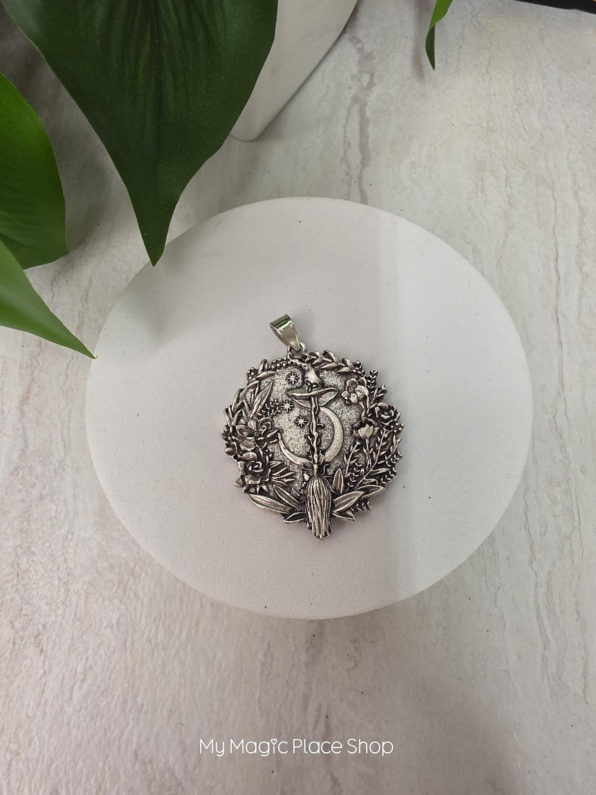 Witch Broom Moon Pendant Charm | Silver Witch Pendant | DIY Jewelry Making Supply | Pagan Charm | Crescent Moon Charm | Qty 1