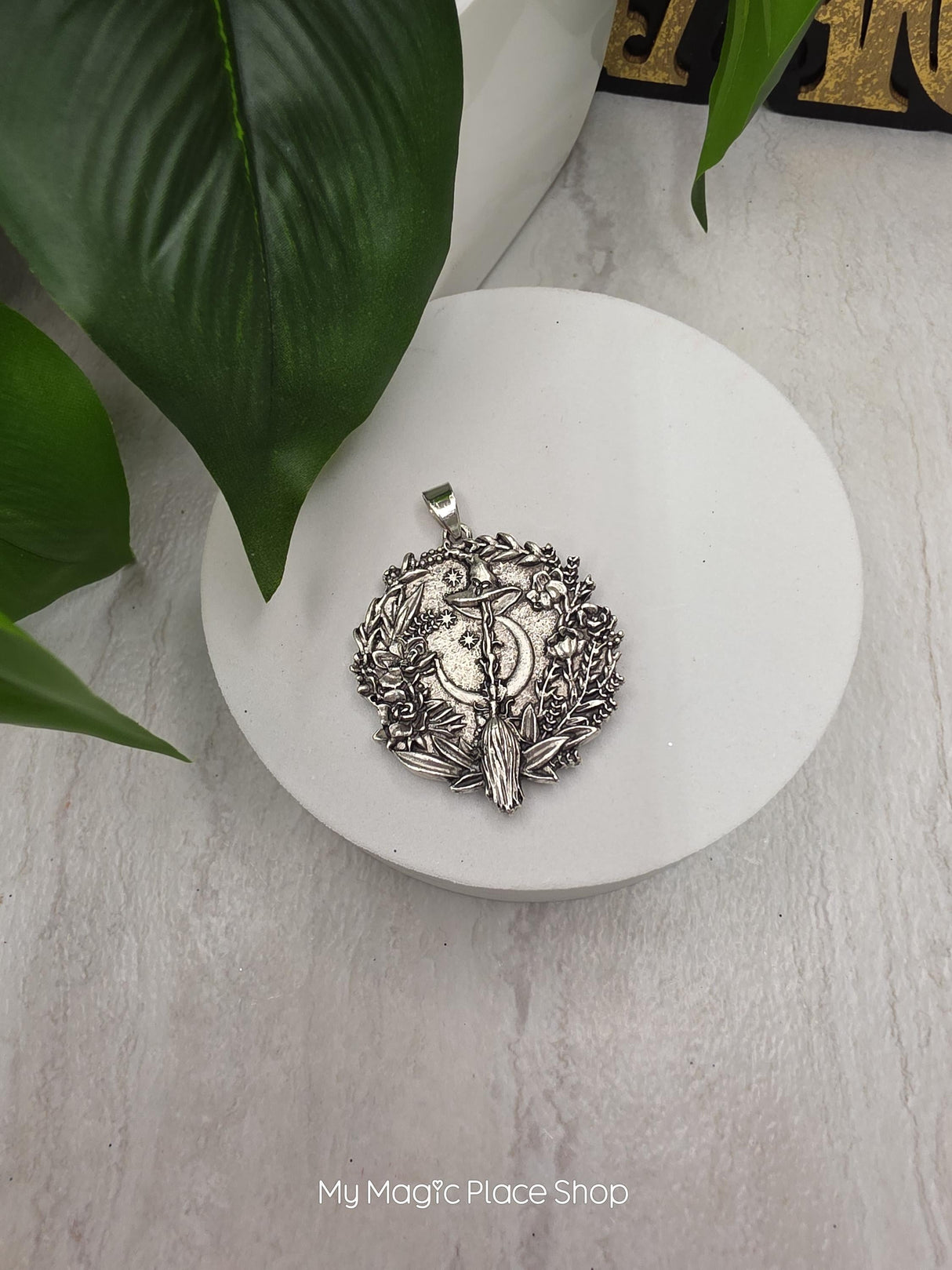 Witch Broom Moon Pendant Charm | Silver Witch Pendant | DIY Jewelry Making Supply | Pagan Charm | Crescent Moon Charm | Qty 1
