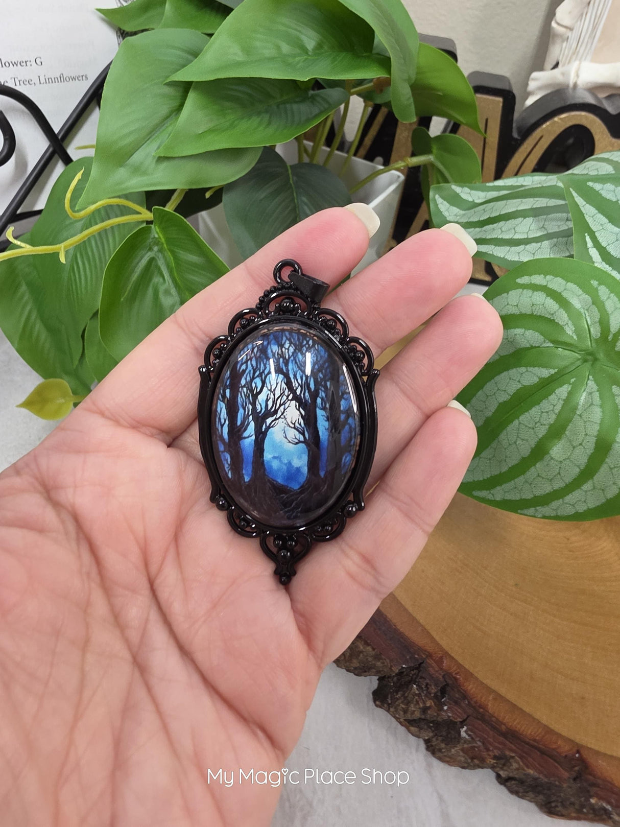 Enchanted Forest Pendant, Oval Gothic Glass Pendant, Moonlit Forest Charm, DIY Jewelry Making Supply, Witchy Craft Supply, Quantity 1