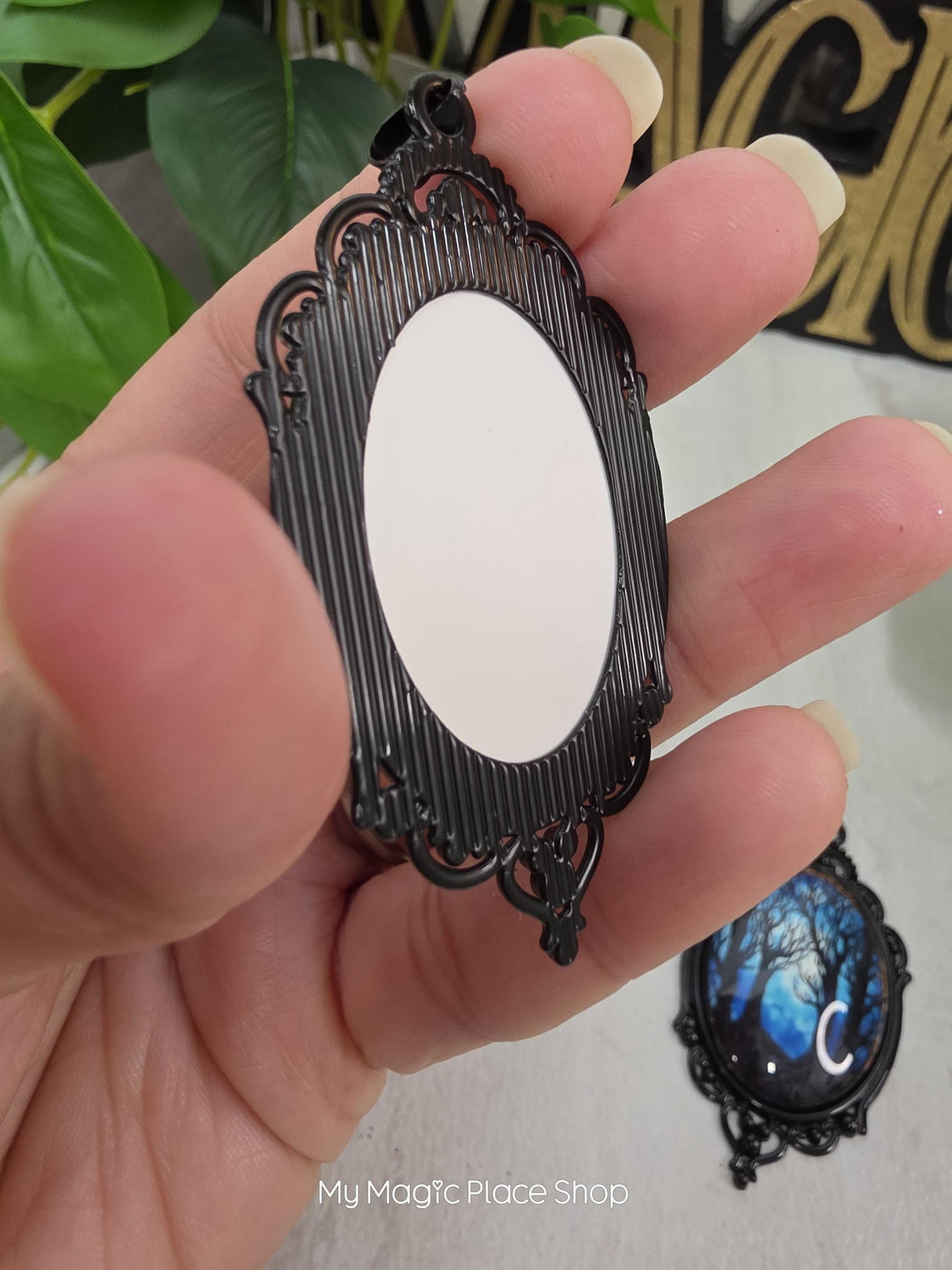 Enchanted Forest Pendant, Oval Gothic Glass Pendant, Moonlit Forest Charm, DIY Jewelry Making Supply, Witchy Craft Supply, Quantity 1