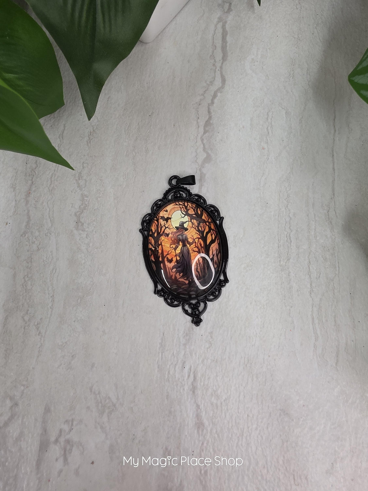 Oval Witch Glass Cabochon Pendant, Gothic DIY Jewelry Charm, Necklace Making Supply