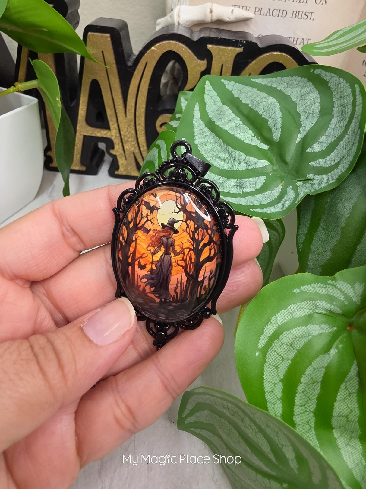 Oval Witch Glass Cabochon Pendant, Gothic DIY Jewelry Charm, Necklace Making Supply