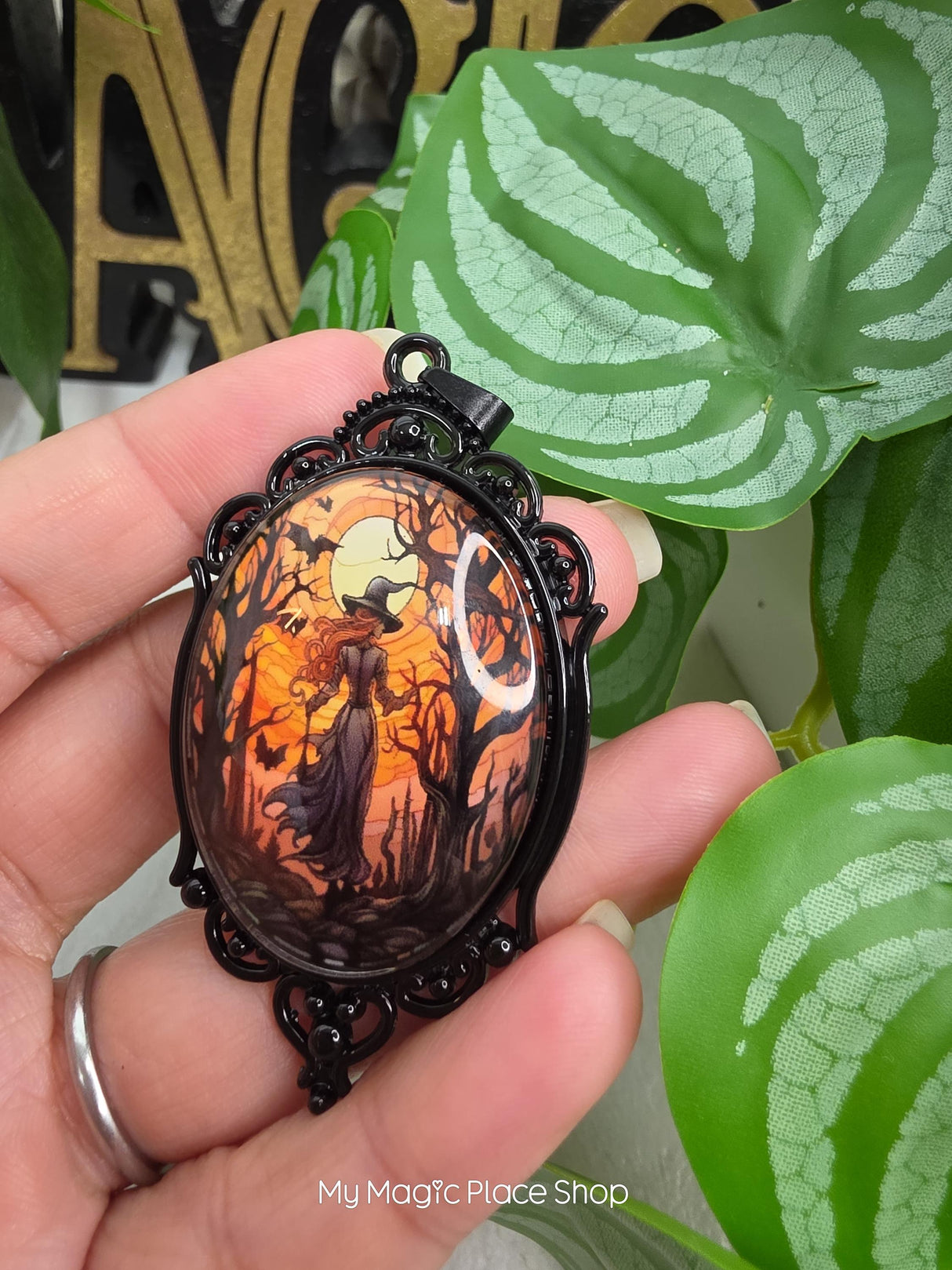 Oval Witch Glass Cabochon Pendant, Gothic DIY Jewelry Charm, Necklace Making Supply