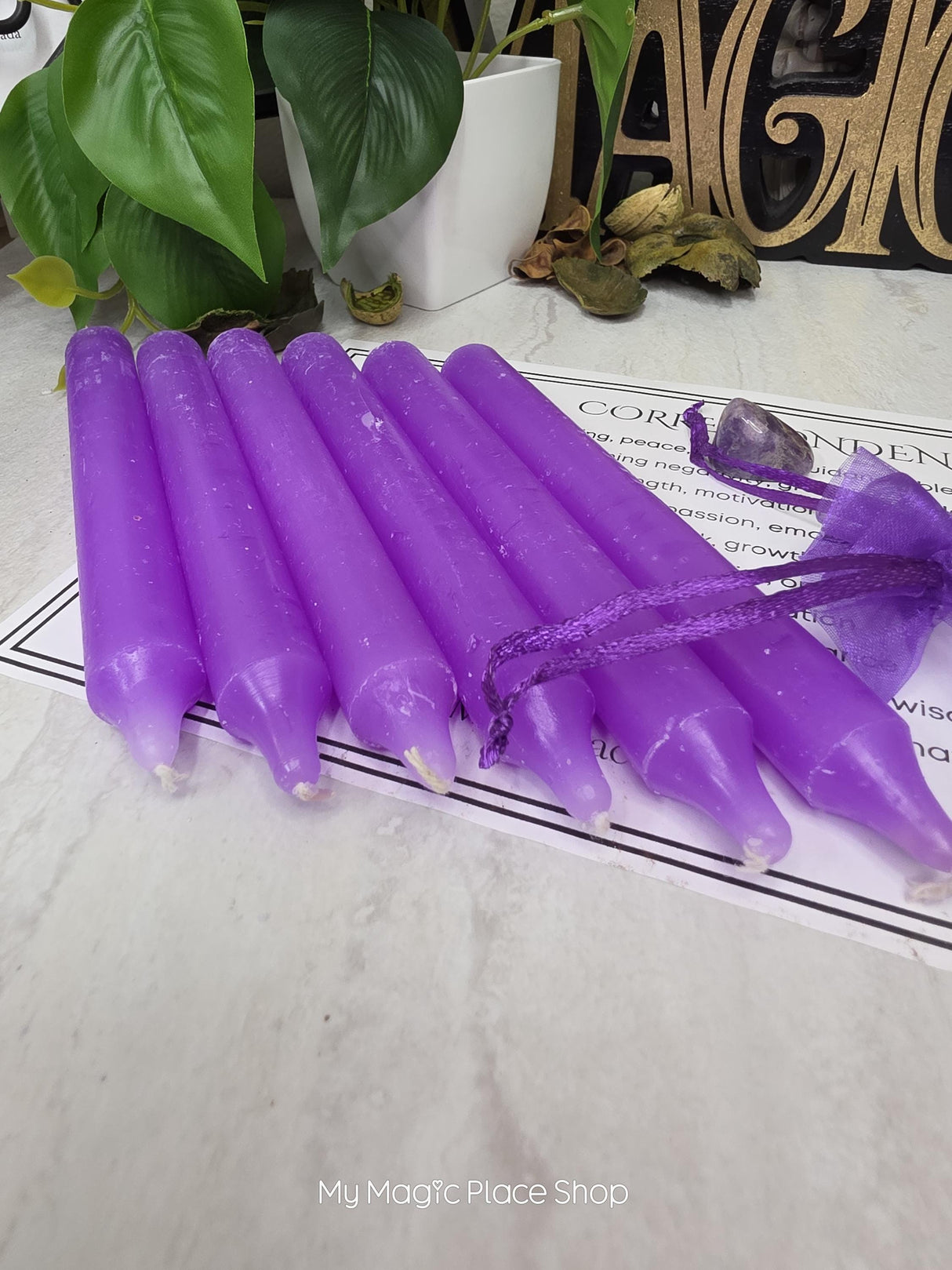 Purple 6 Inch Taper Candle Kit, Candles with Crystal & Color Correspondence Guide, Ritual Candle Set, Spiritual Gift