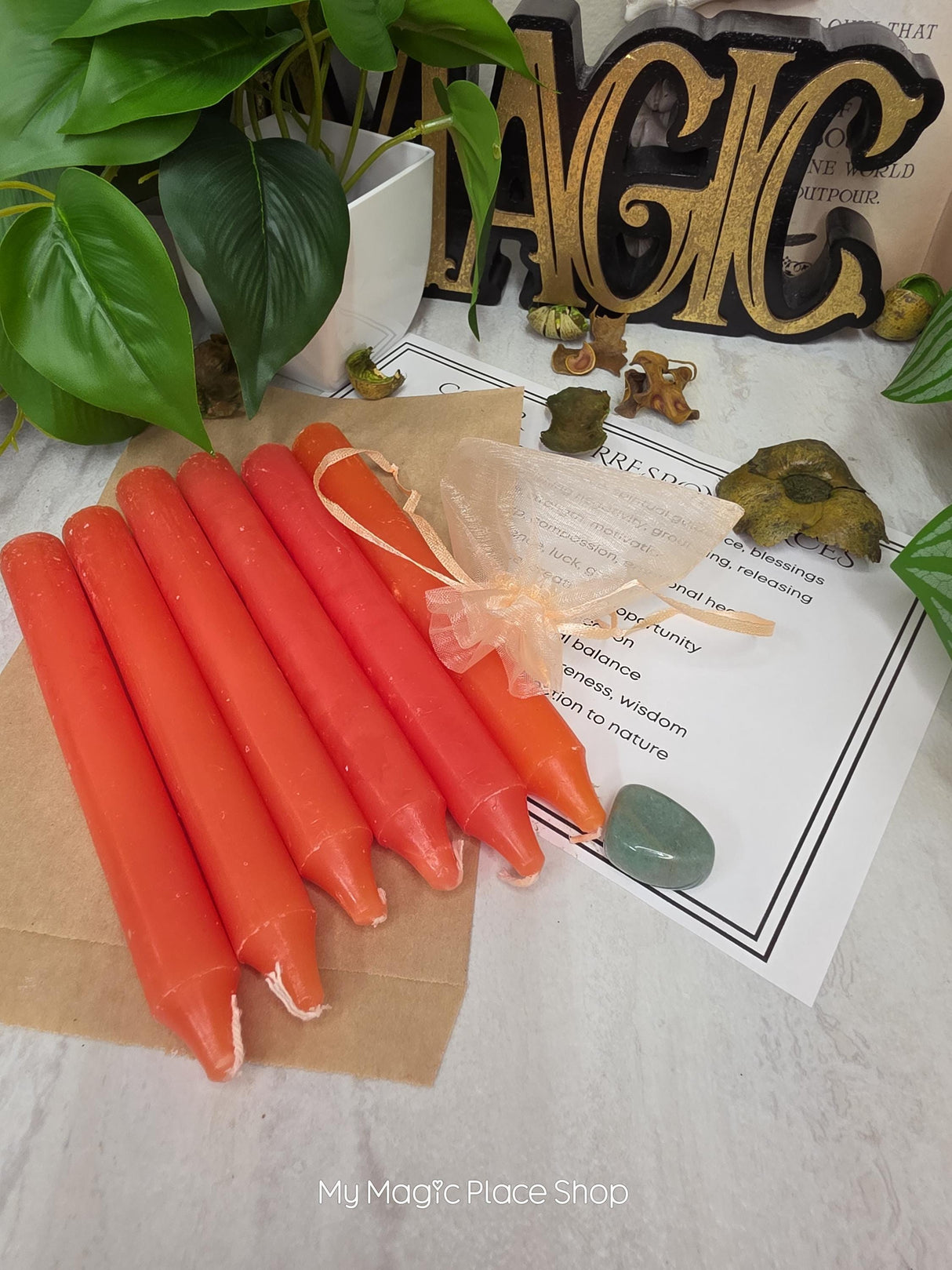 Orange 6 Inch Taper Candle Kit, Candles with Crystal & Color Correspondence Guide, Ritual Candle Set, Spiritual Gift