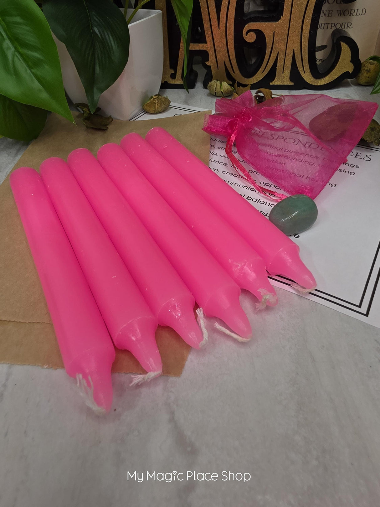 Pink 6 Inch Taper Candle Kit, Candles with Crystal & Color Correspondence Guide, Ritual Candle Set, Spiritual Gift