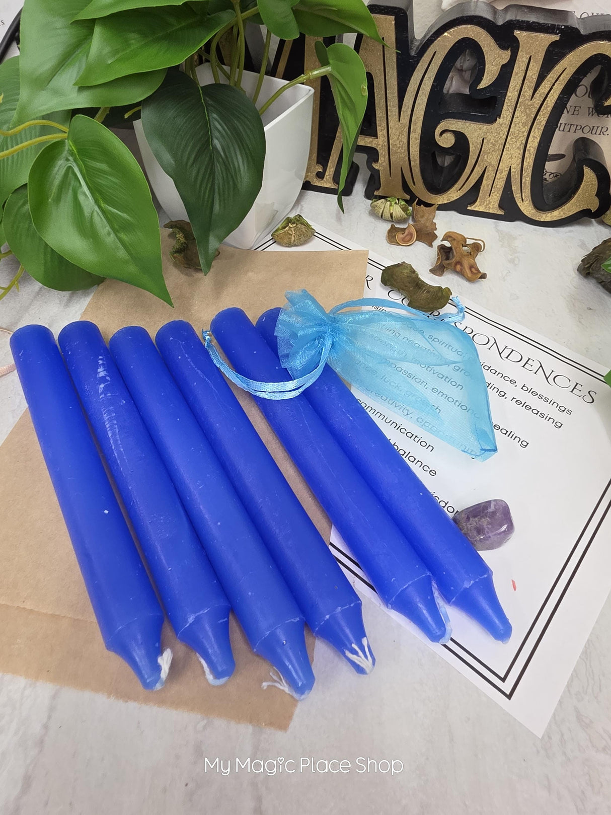 Blue 6 Inch Taper Candle Kit, Candles with Crystal & Color Correspondence Guide, Ritual Candle Set, Spiritual Gift
