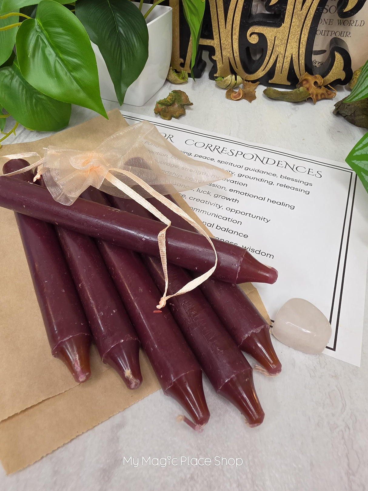 Brown 6 Inch Taper Candle Kit, Candles with Crystal & Color Correspondence Guide, Ritual Candle Set, Spiritual Gift