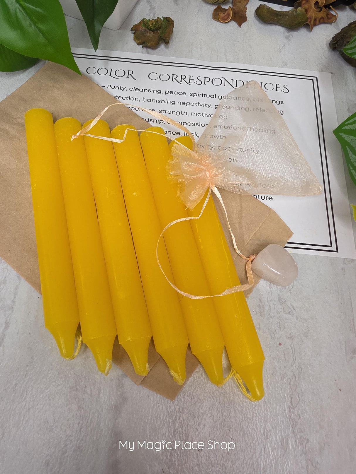 Yellow 6 Inch Taper Candle Kit, Candles with Crystal & Color Correspondence Guide, Ritual Candle Set, Spiritual Gift