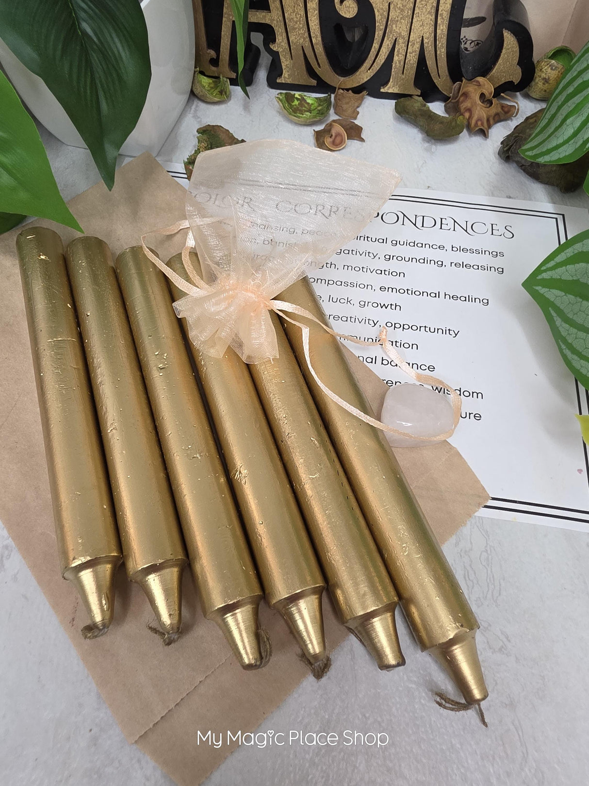 Gold 6 Inch Taper Candle Kit, Candles with Crystal & Color Correspondence Guide, Ritual Candle Set, Spiritual Gift